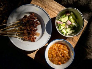 High angle view of food in plate on table