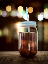 Close-up of drink in jar on table