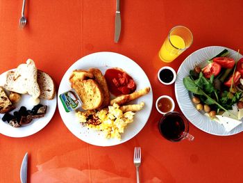High angle view of breakfast served on table