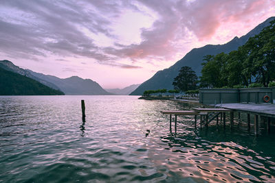 Scenic view of lake against sky during sunset