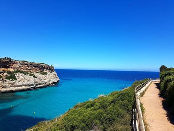 Panoramic shot of sea against clear blue sky