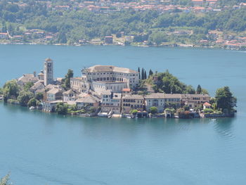 High angle view of isola san giulio amidst lake orta