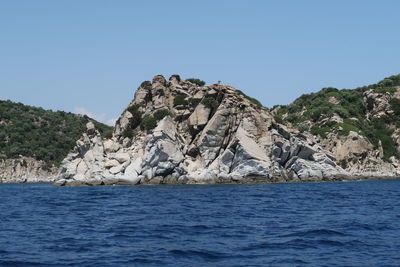 Scenic view of sea against clear blue sky