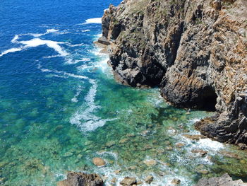 High angle view of rock formations by sea