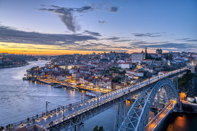 View of porto with the famous iron bridge and the river douro after sunset