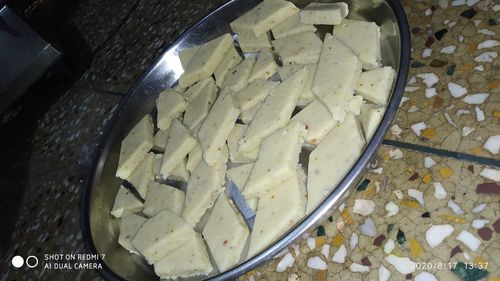 High angle view of chopped bread in bowl