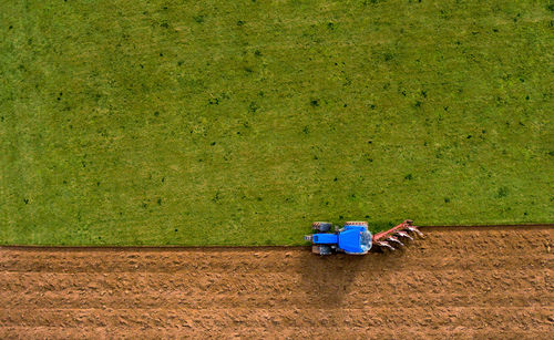 High angle view of tractor on field