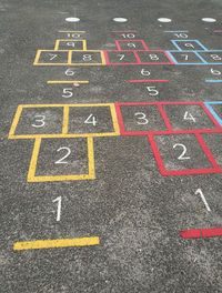 Playground, high angle view of text on ground