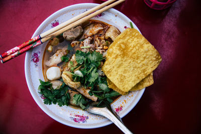 High angle view of breakfast served in plate