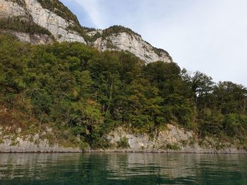 Scenic view of lake by trees against sky