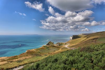 Scenic view of calm sea against cloudy sky