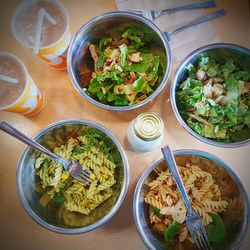 High angle view of food served on table