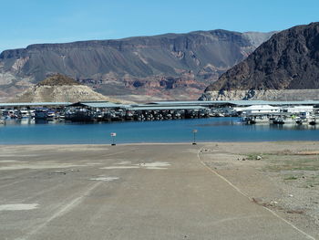Scenic view of lake and mountains against clear sky
