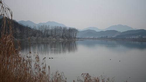 Scenic view of lake and mountains against sky