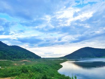 Scenic view of lake and mountains against sky