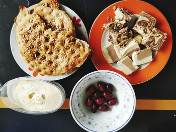 High angle view of breakfast served on table