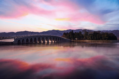 Bridge over river against sky during sunset