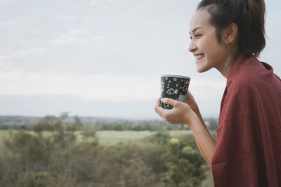 Series photo of young woman hand holding ceramic mug, positive emotion, chill and joyful