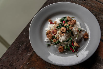 High angle view of meal served on table