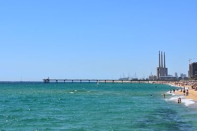 Scenic view of sea against clear blue sky