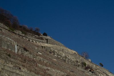 Low angle view of fort against clear blue sky