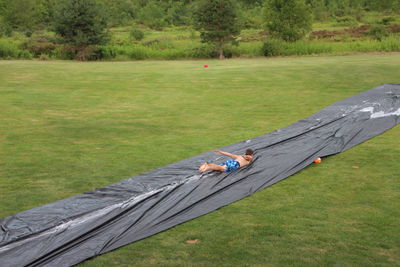 High angle view of people playing on field