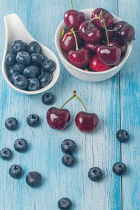 High angle view of fruits in bowl on table