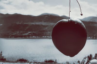 Close-up of christmas hanging on mountain against sky