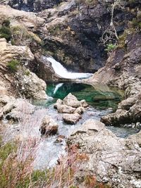 High angle view of stream amidst rocks