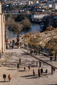 High angle view of people in city