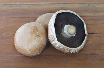 High angle view of mushrooms on table