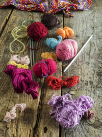 High angle view of wool balls on table