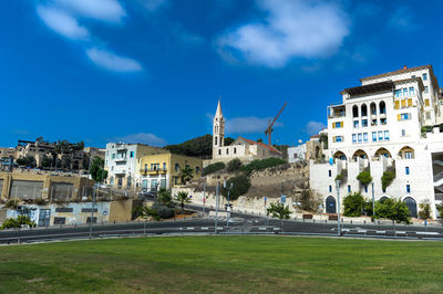 Town against blue sky