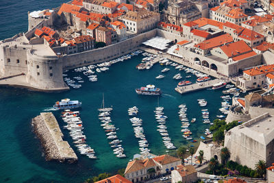 High angle view of boats moored in croatia