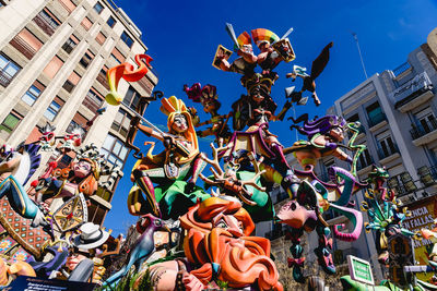 Low angle view of multi colored sculpture against sky