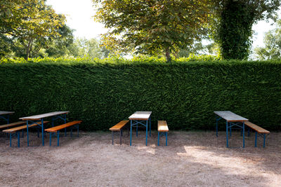 Empty chairs and table against trees on field