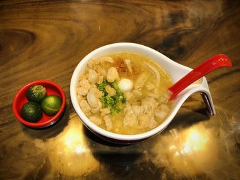 High angle view of soup in bowl on table