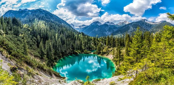 Scenic view of lake and mountains against sky