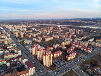 High angle view of buildings in city