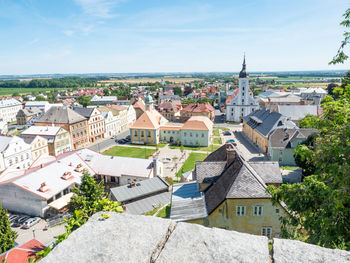 Summer view of javornik downtown from jansky hill, jansky vrch, castle, olomouc region, czechie