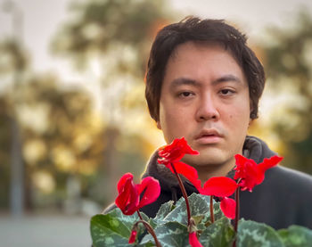 Close-up of young asian man holding red flowering cyclamen plant during sunset.