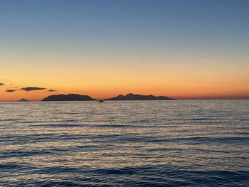 Scenic view of sea against clear sky during sunset