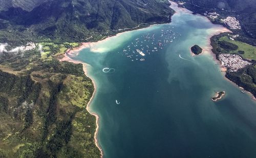 High angle view of sea and rocks