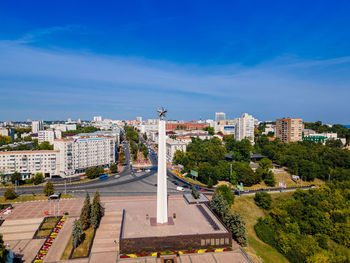 High angle view of buildings against sky