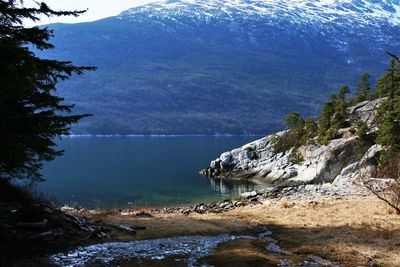 Scenic view of sea by mountains against sky