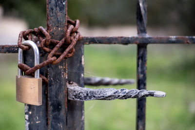 Close-up of rusty padlock on metal fence