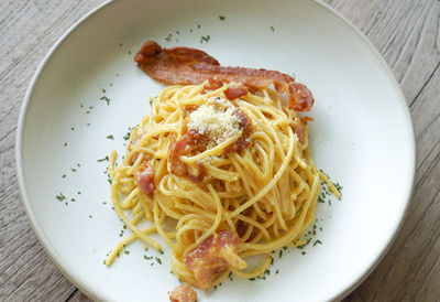 High angle view of noodles in plate on table