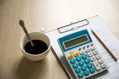 High angle view of coffee on table