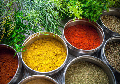 Close-up of various herbs and spices on table