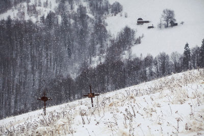 Snow covered landscape against sky